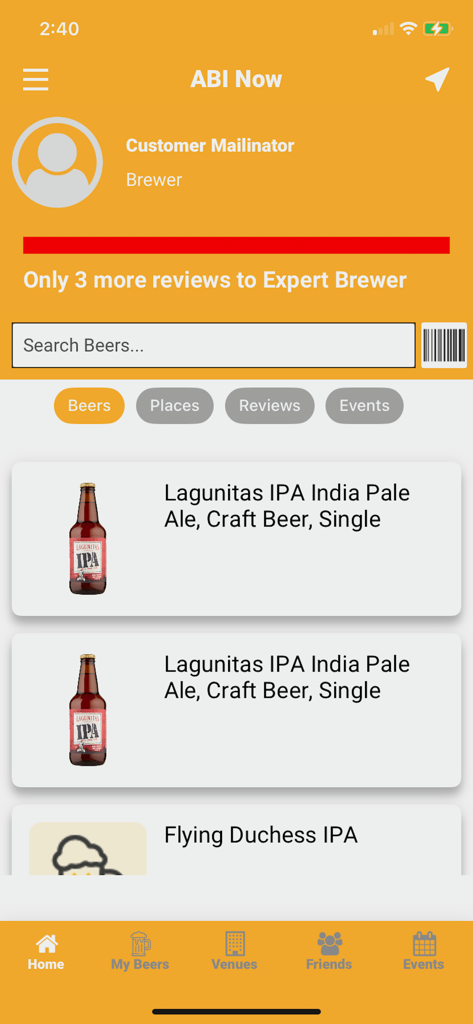 User interface of the Artificial Beer Intelligence app showing a search bar and a list of craft beers like Lagunitas IPA