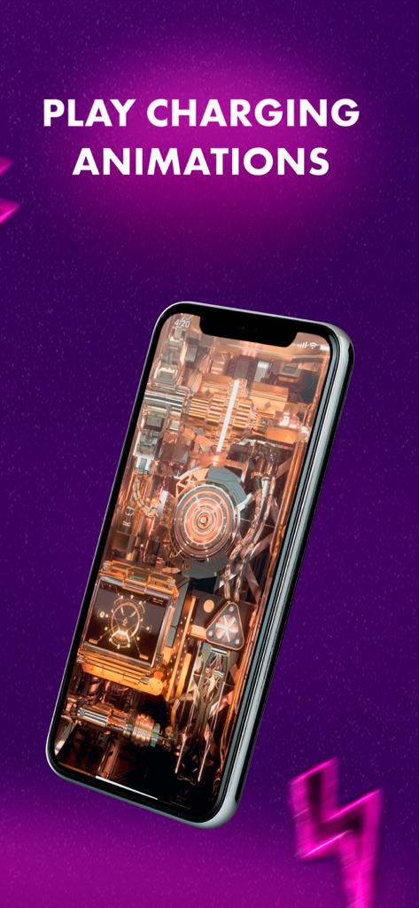 iPhone screen displaying a mechanical charging animation with copper gears and gauges