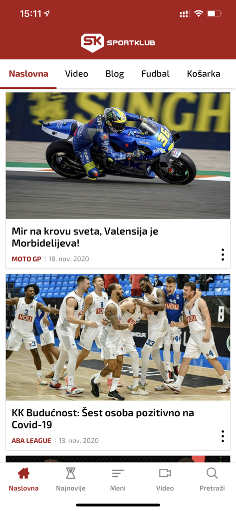 Sportklub - セルビア語のスポーツニュース記事とカテゴリーを表示するSportklubモバイルアプリのホーム画面