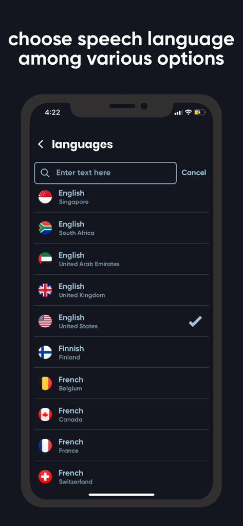Uma tela de smartphone exibindo o menu de seleção de idioma do aplicativo Transcribe Alpha com várias opções de dialetos de inglês e francês.