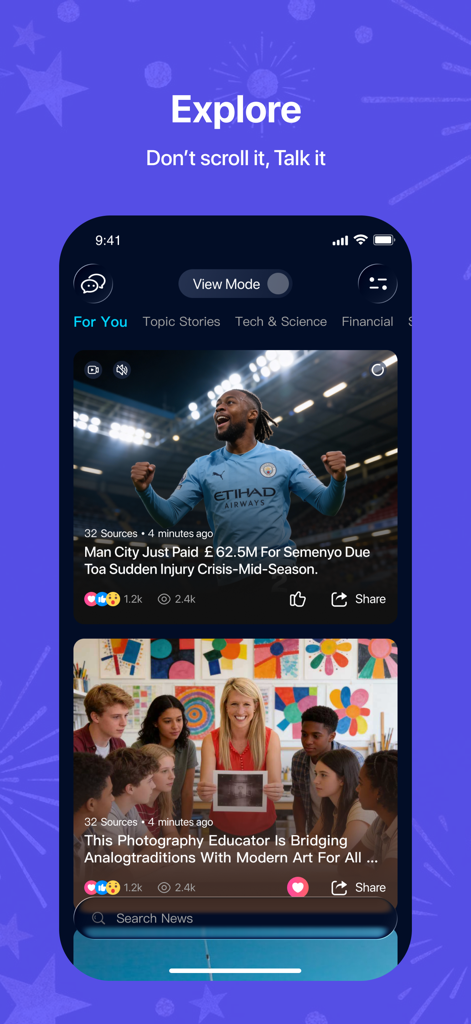 Agnes app explore screen featuring an AI curated news feed with categories like Tech Science and Finance