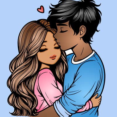 a realistic couple boy and girl hugging and kissing