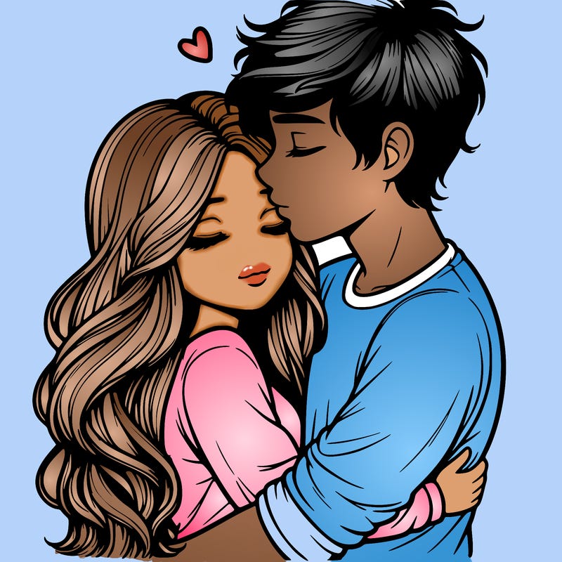 a realistic couple boy and girl hugging and kissing