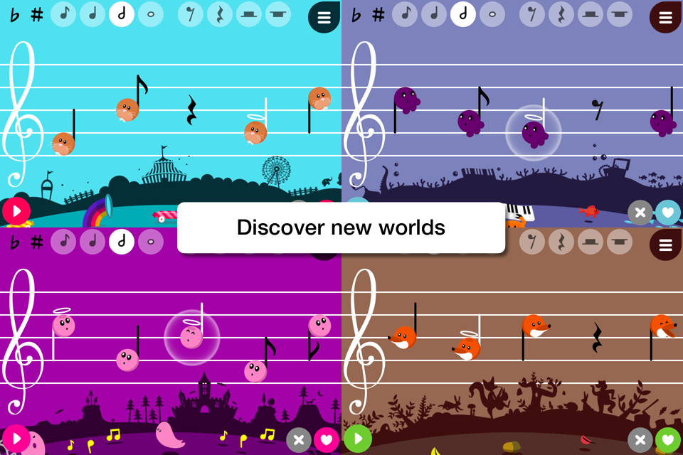 Four colorful themed screens from Music4Kids Lite showing musical notes as cute animal characters on a staff.