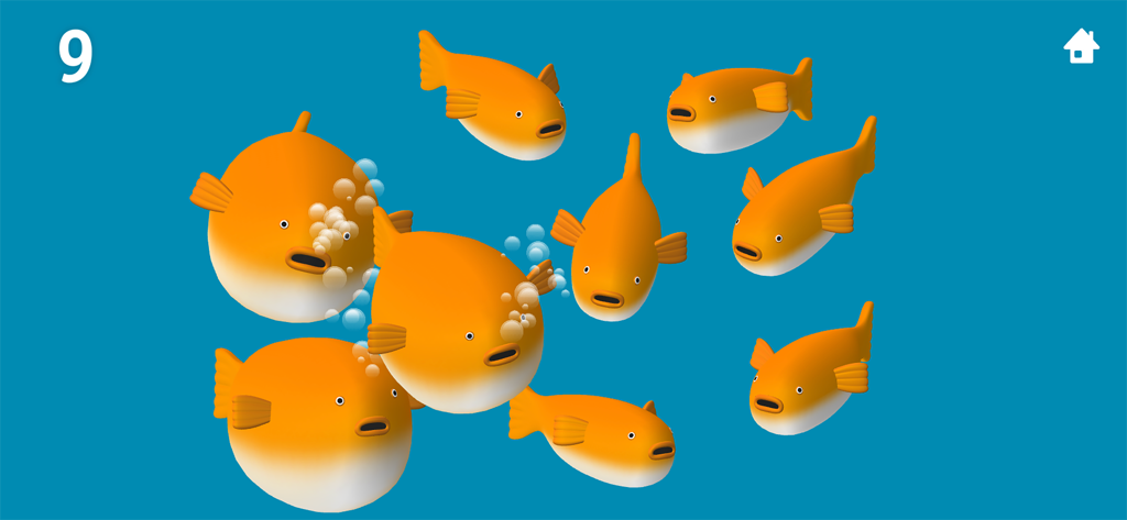 TallyTots Counting 123 Game - Toddler educational game screen showing nine orange pufferfish to count