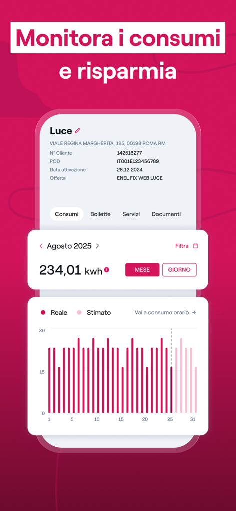 Enel Energia - Interfaz de la aplicación Enel Energia que muestra un gráfico de barras detallado del consumo mensual de electricidad y datos de uso de energía en kWh