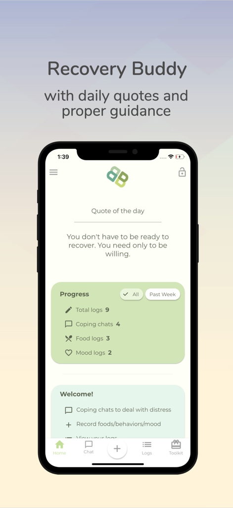 Brighter Bite - ED Recovery - Brighter Biteアプリのダッシュボード。モチベーションを高める引用と回復の進捗状況の概要が表示されています。
