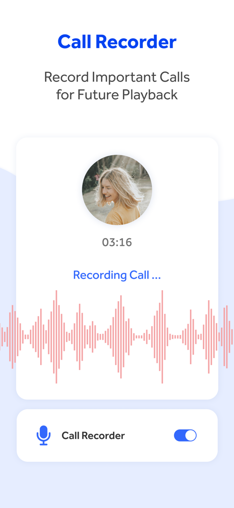 WePhone: 2nd Phone &WiFi Calls - Interface of the WePhone app showing the call recorder feature with a live waveform and recording status.