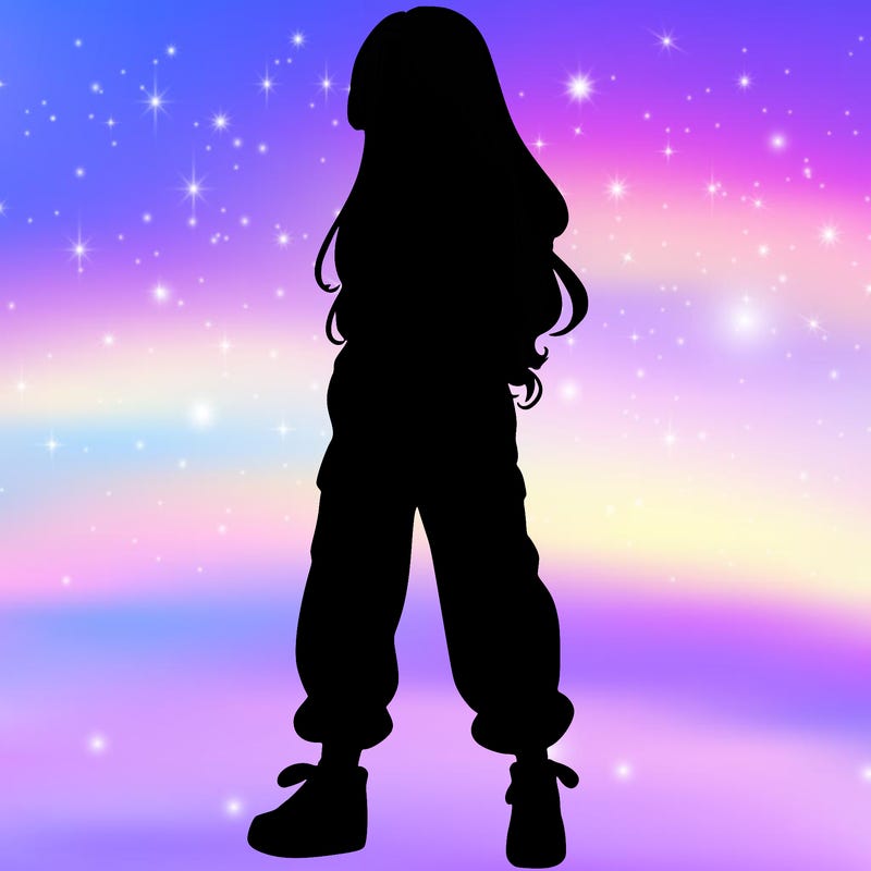 girl in baggy pants crop top and long hair