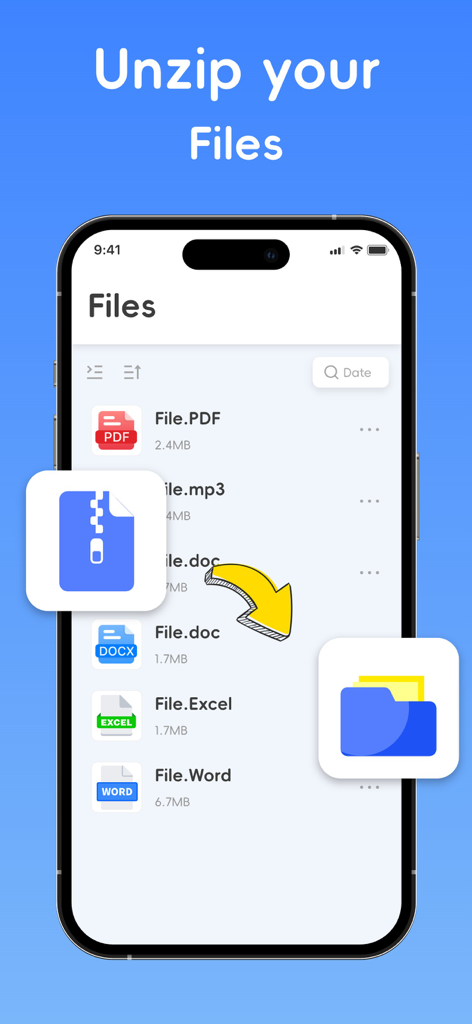Un'interfaccia di app mobile su un iPhone che mostra un elenco di file come PDF e DOCX con un'illustrazione di estrazione di un file compresso in una cartella.