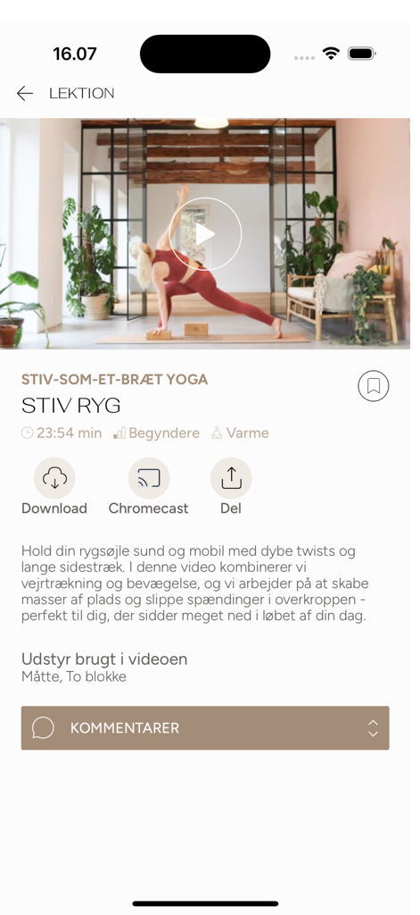 Ro Movement app interface showing a yoga video lesson for a stiff back with Chromecast and download options