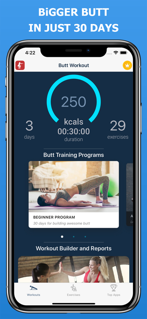 Dashboard of the Bigger Butt in 30 Days app showing workout stats and a beginner training program