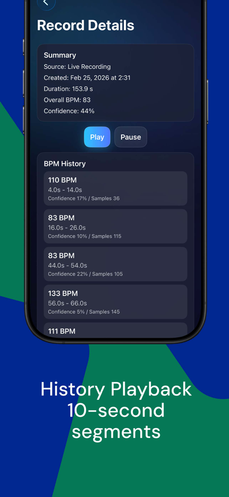 BPM Detector - Tempo Analyzer - Record details screen showing BPM history with 10-second segments and tempo analysis summary.