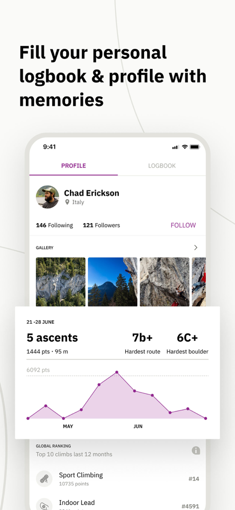 Vertical-Life Climbing - Vertical-Life Climbing app user profile with logbook statistics and performance graph