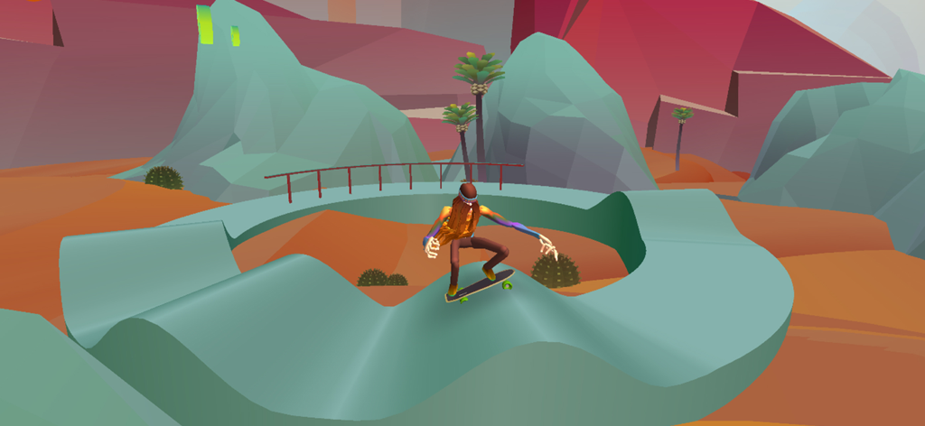 Hippy Skate - Um personagem colorido andando de skate em uma rampa ondulada em uma paisagem desértica low-poly.