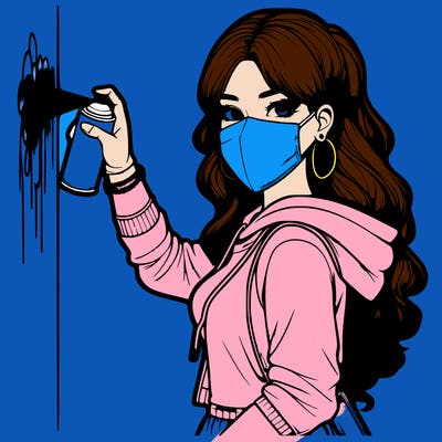 realistic girl with mask spray painting a wall