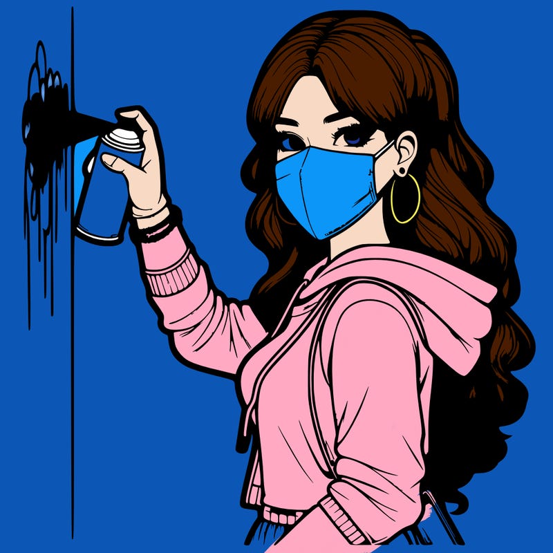 realistic girl with mask spray painting a wall