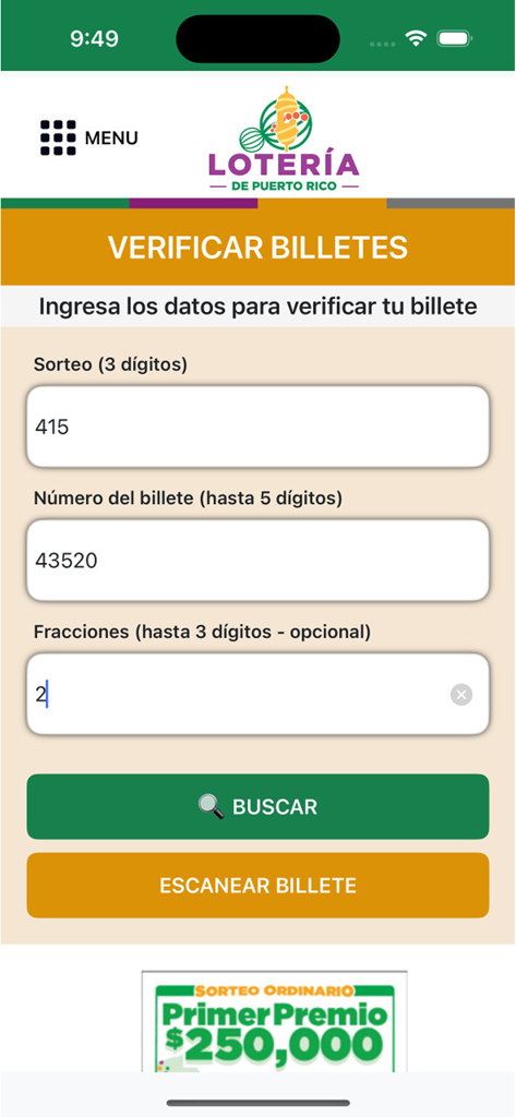 Lotería de Puerto Rico - Pantalla de la aplicación Loteria de Puerto Rico para verificar billetes de lotería manualmente o escaneando.