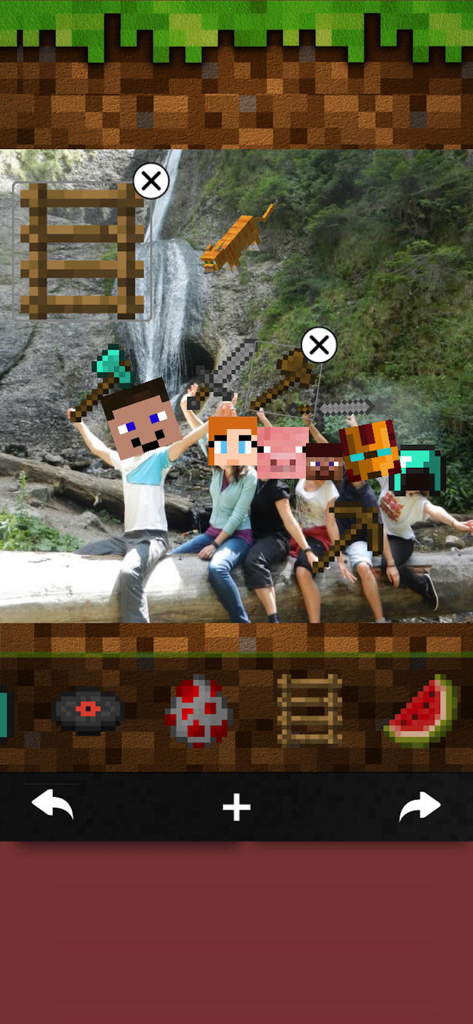 MineCam - Camera for Minecraft - MineCam app interface showing a group photo edited with Minecraft character heads and game item stickers