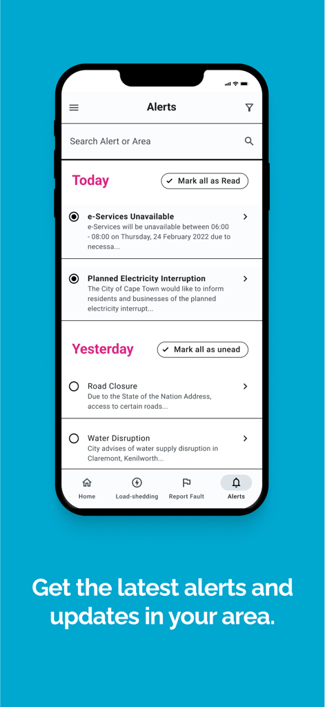 City of Cape Town - Interfaz de la aplicación de la Ciudad del Cabo que muestra alertas en tiempo real de interrupciones de electricidad, cierres de carreteras y cortes de agua.