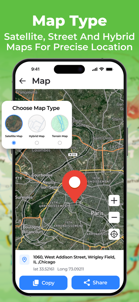 Geotag Photos: GPS Map Camera - Screenshot of the Geotag Photos app displaying map type options like satellite and hybrid with coordinates and address