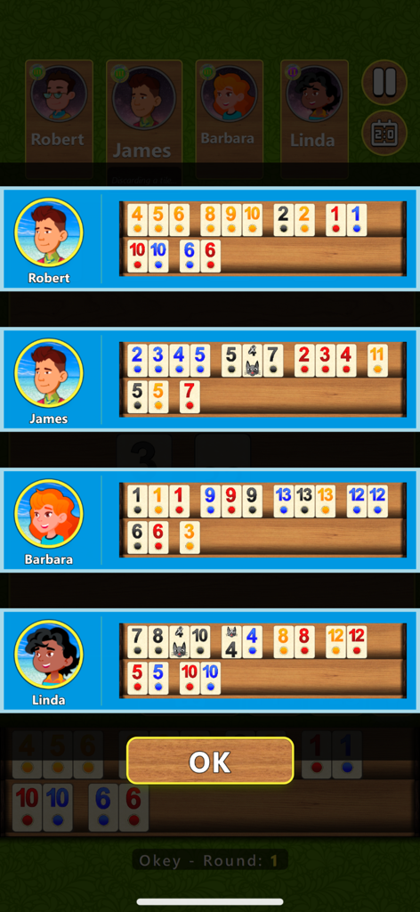 Rummy 4 in 1 Board Game - Gameplay of Okey mode in Rummy 4 in 1 showing tile racks and player avatars