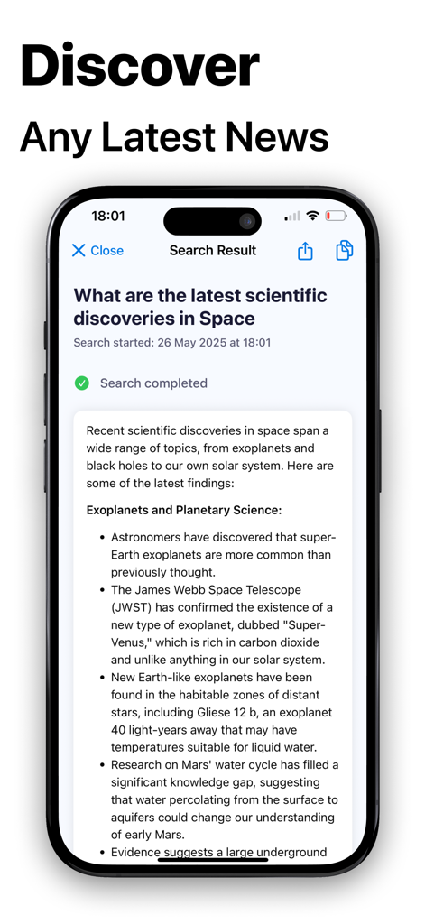 Deep Research AI Assistant - Deep Research AI Assistant app interface showing a detailed search result about latest scientific discoveries in space