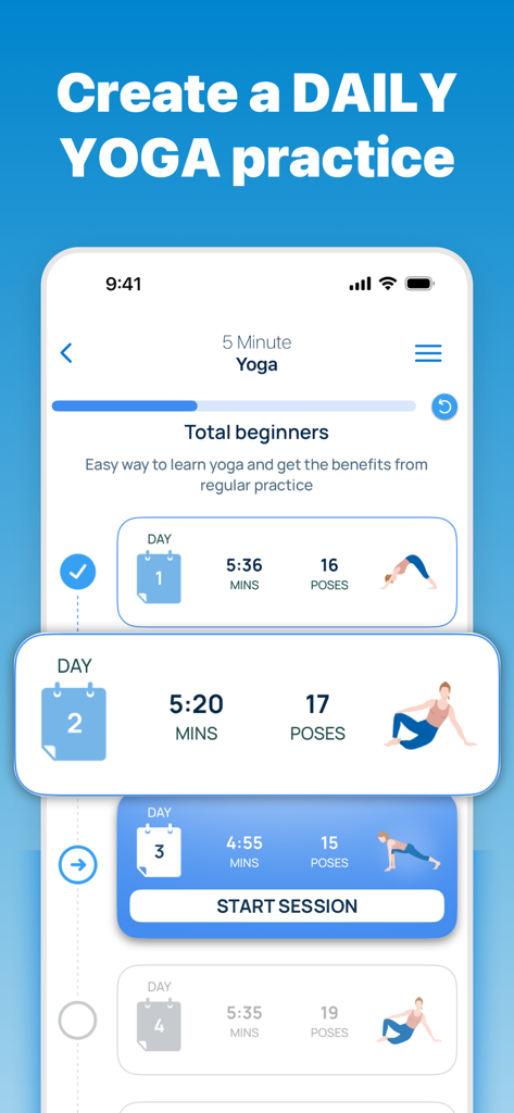 5 Minute Yoga Workouts - Interfaz de la aplicación 5 Minute Yoga que muestra un calendario de práctica diaria para principiantes con sesiones cortas y recuento de posturas