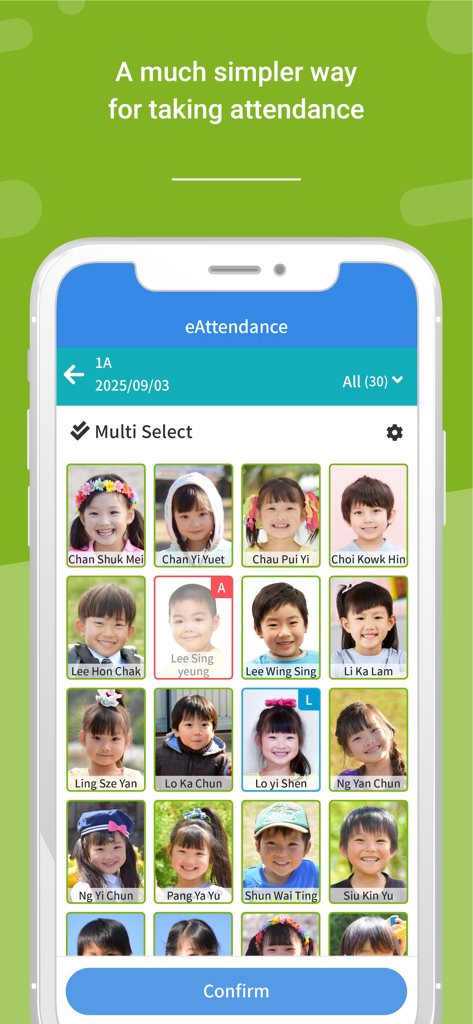 Screenshot of the eClass Teacher App eAttendance feature showing a grid of student photos for quick attendance tracking