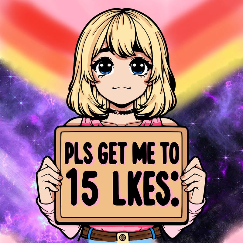realistic girl holding up a sign that says “pls get me to 15 likes!”
