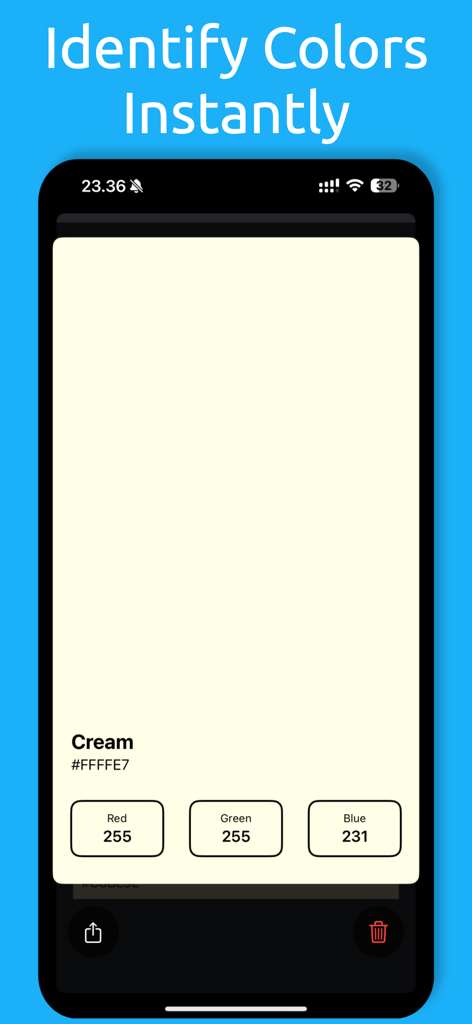 Color Identifier・Match Scanner - Interfaz de la aplicación Color Identifier que muestra el nombre, el código hex y los valores RGB de un color crema
