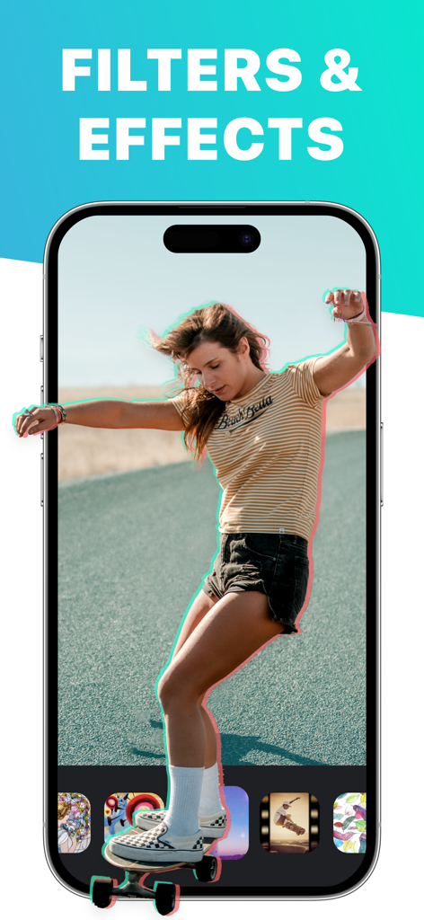3D Photo Editor - Tela do iPhone exibindo a interface do aplicativo 3D Photo Editor com um filtro de contorno aplicado a uma garota em um skate.