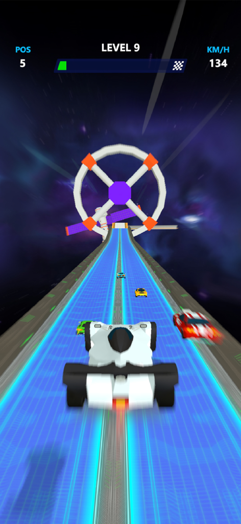 Car Racing: Master Race 3D - Gameplay of Car Racing Master Race 3D showing a white racing car on a glowing blue track with obstacles