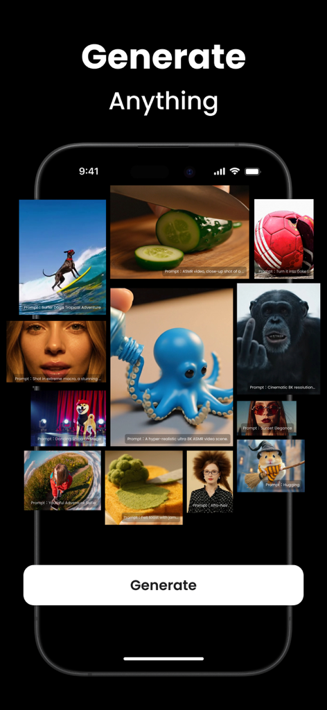 A smartphone screen displaying the Video AI app with a variety of AI-generated visual content and a Generate button.