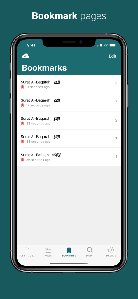Bookmarks interface in the Quran app showing a list of saved verses from Surat Al-Baqarah and Surat Al-Fatihah
