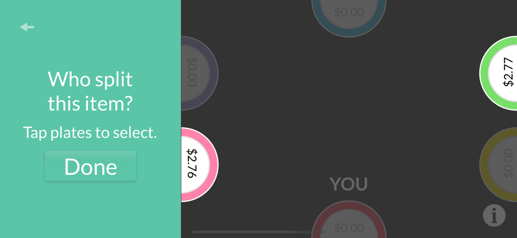 A screenshot of the Plates by Splitwise app interface for selecting guests to split a shared restaurant item