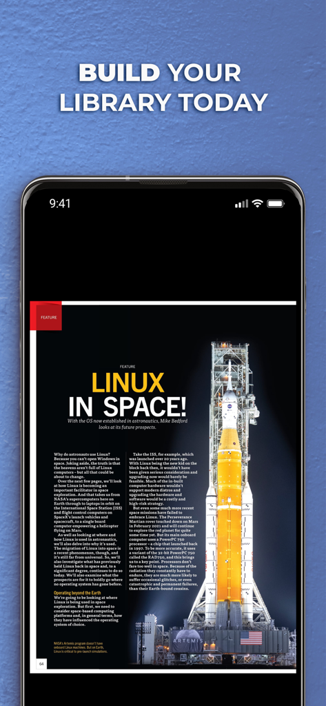 APC Australia - APC Australia app displaying a technical feature article titled Linux In Space with a rocket launch visual