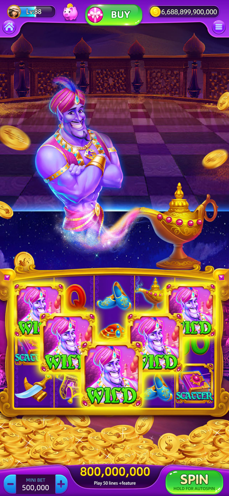 Lucky Spin Slot Machines - Jeu mobile Lucky Spin Slot Machines présentant un génie violet et un merveilleux thème de lampe avec des symboles wild