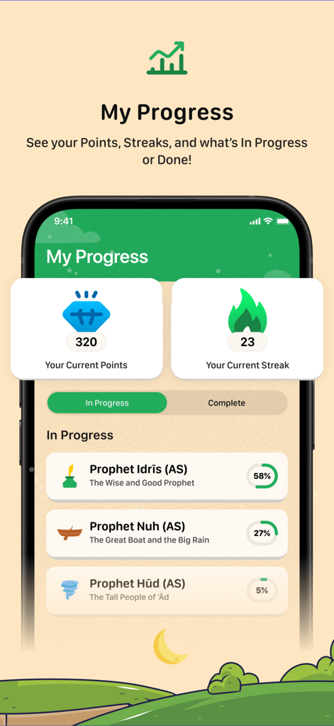 Quran For Kids Prophet Stories - My Progress screen showing child learning points streaks and lesson status for stories of Prophet Idris Nuh and Hud