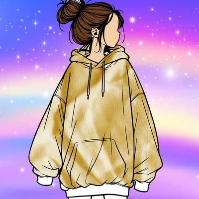 realistic girl with a oversized sweatshirt on and a bun