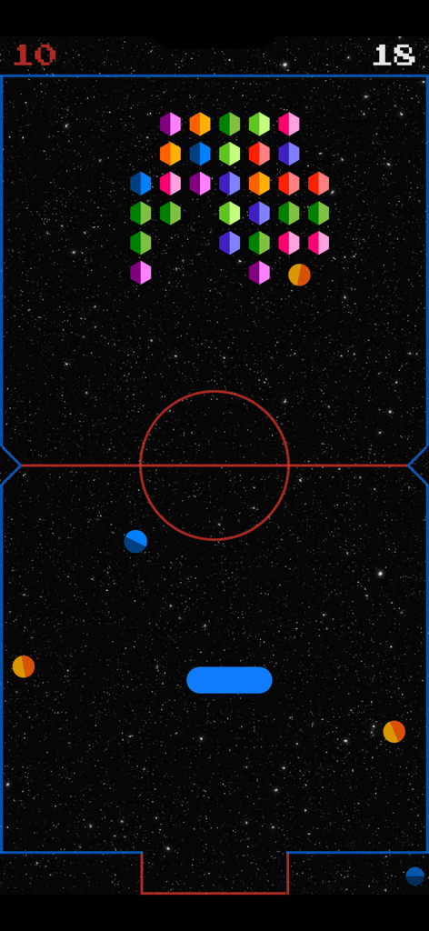 Pantalla de juego móvil Space-Bar que muestra acción rompe ladrillos con ladrillos hexagonales coloridos y un tema espacial