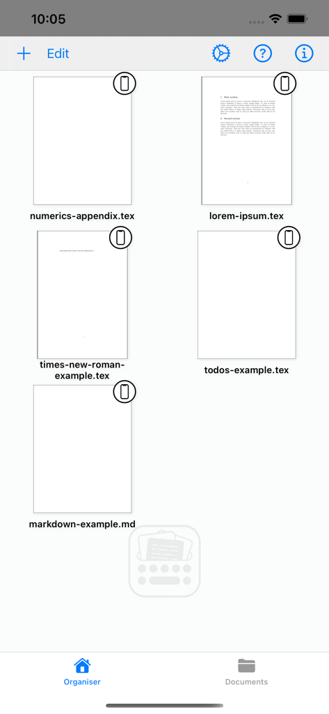 Texifier : LaTeX editor - The organiser screen in the Texifier app displaying a list of LaTeX and Markdown documents.