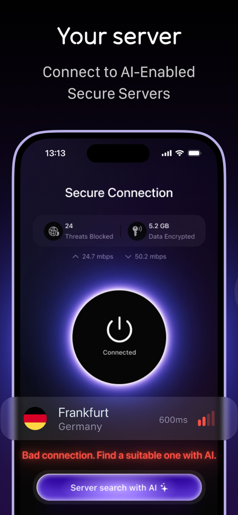 AI Security: ThreatBlocker VPN - AI Security VPN interface showing active secure connection with threat blocking and data encryption statistics