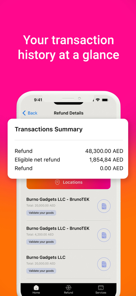 Planet Tax Free ME mobile app transaction history and refund summary screen showing total refund amounts and itemized purchases