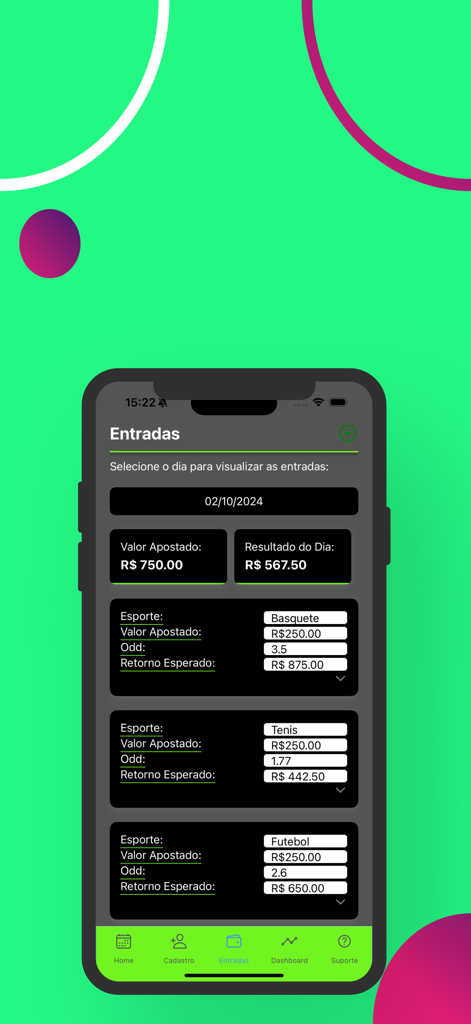 Planilha Gest - Planilha Gestモバイルアプリ。バスケットボールやフットボールなどのスポーツベッティングエントリーのログを表示