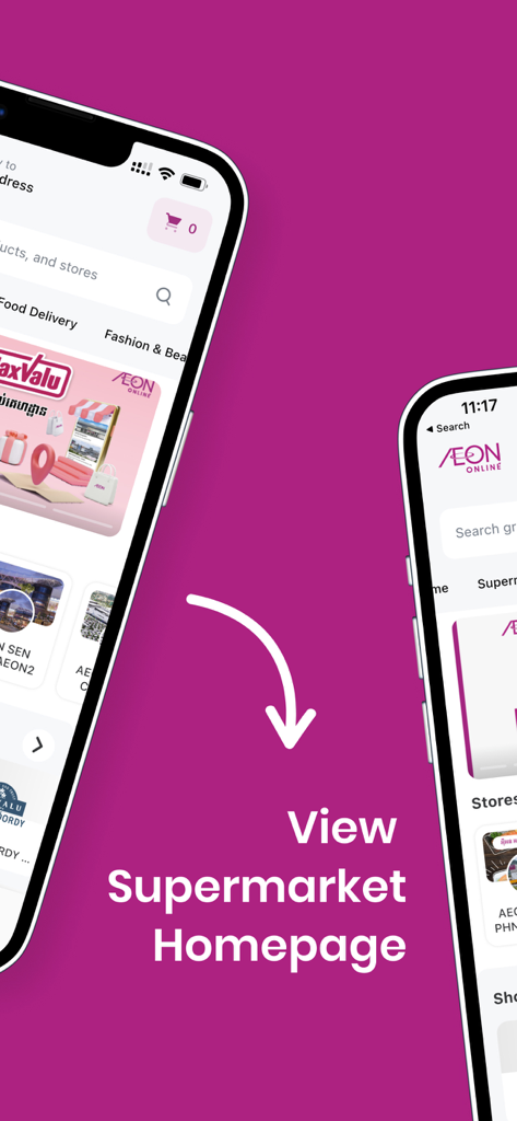 AEON Online - Aplicación móvil AEON Online que muestra la página de inicio del supermercado y las opciones de entrega