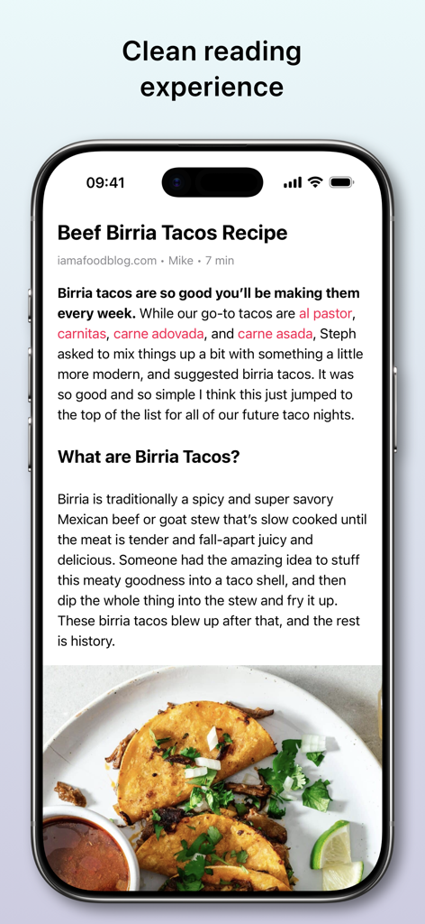 An iPhone screen displaying the GoodLinks app in its distraction-free reading mode showing a recipe for Beef Birria Tacos.