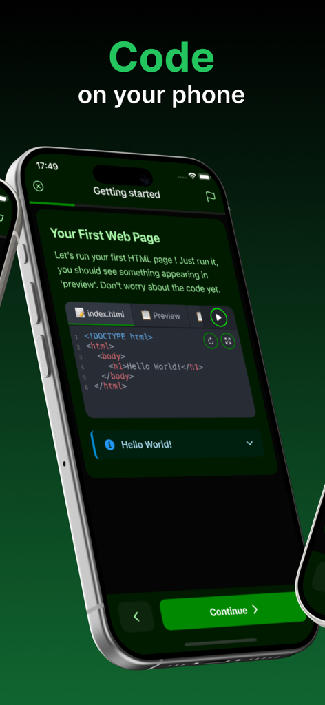 CodeLife - Learn to code - CodeLife app interface showing a basic HTML coding lesson on a smartphone screen