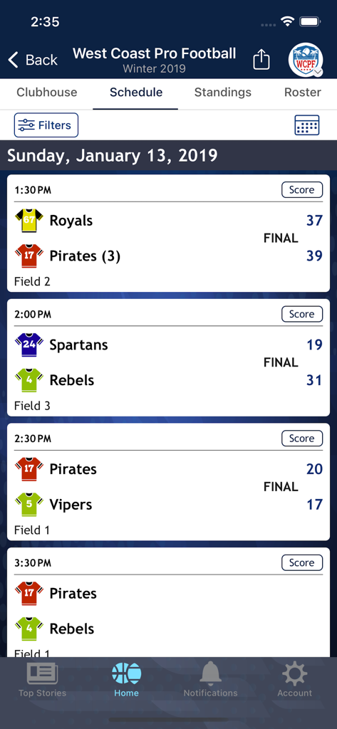 Zorts Sports app interface showing a detailed game schedule with team names scores and field locations