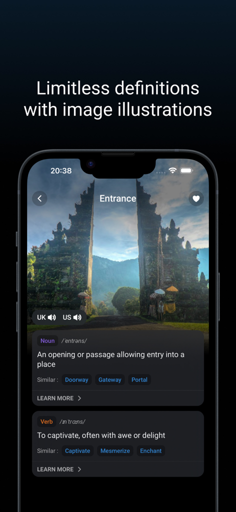 Wordy AI Dictionary - Smartphone screen displaying the Wordy AI Dictionary app with visual definitions for the word entrance